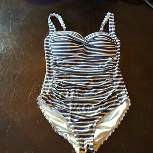 NipTuck Navy, White, Silver Striped One Piece Swimsuit Sz 6